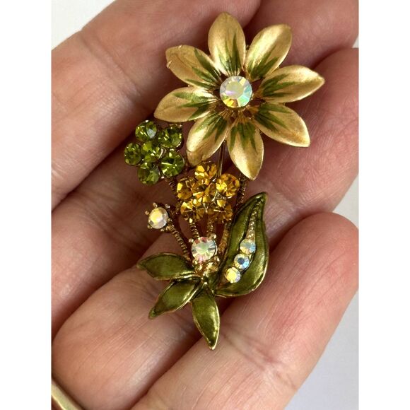 Green and Gold enamel flower brooch with rhinestone accents - Picture 3 of 4